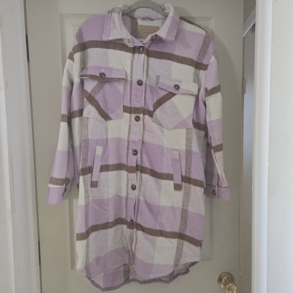 Blank NYC Plaid Shacket Jacket Size Medium 'Keep It Up' Purple & Brown